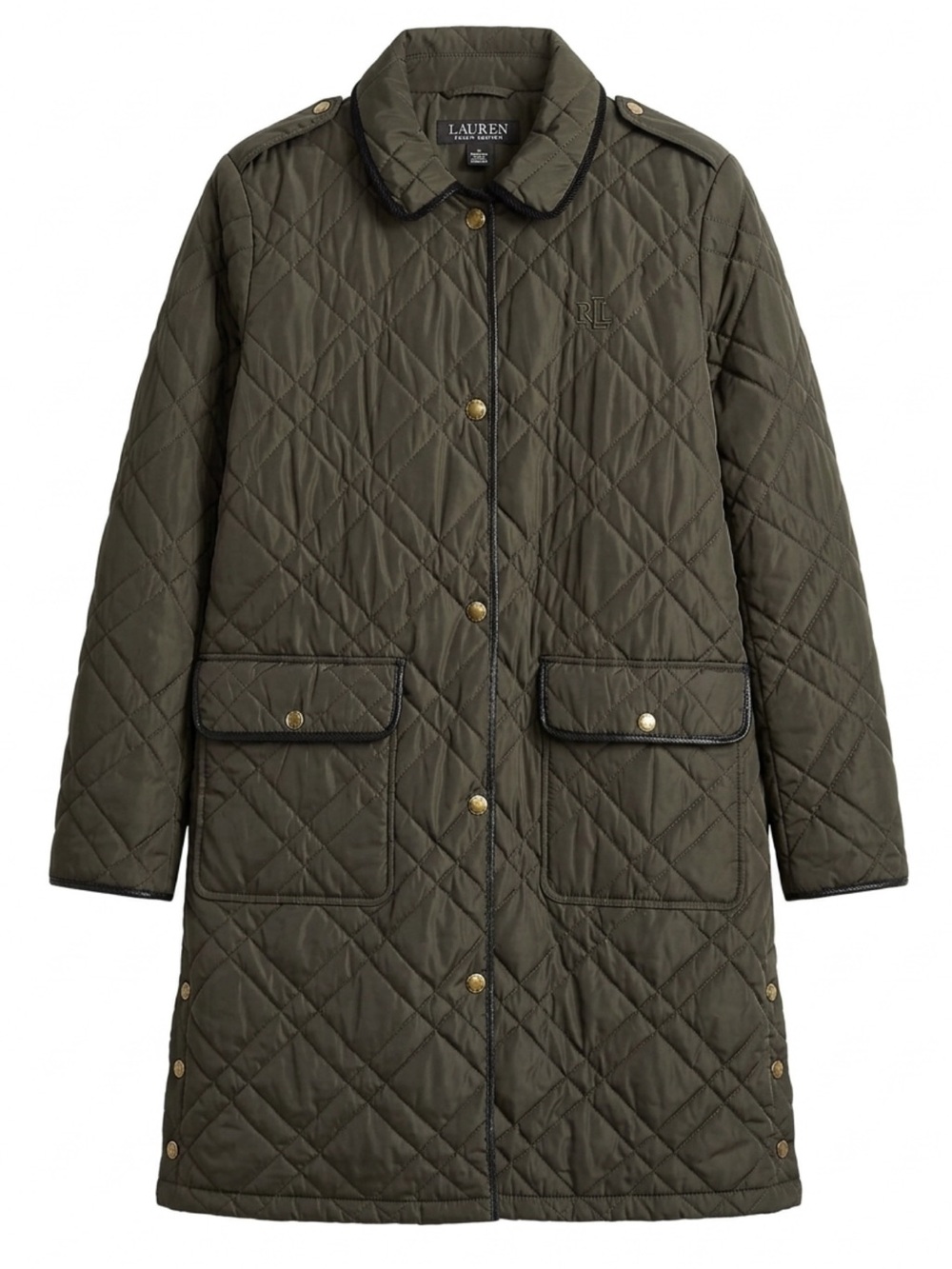 Lauren Ralph Lauren Olive Quilted Long Trench Coat with Gold-Tone Hardware